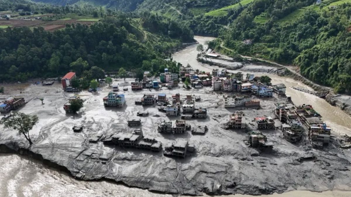 Buildings buried in mud after the glacial flood in Rasuwa, Nepal, August 2026