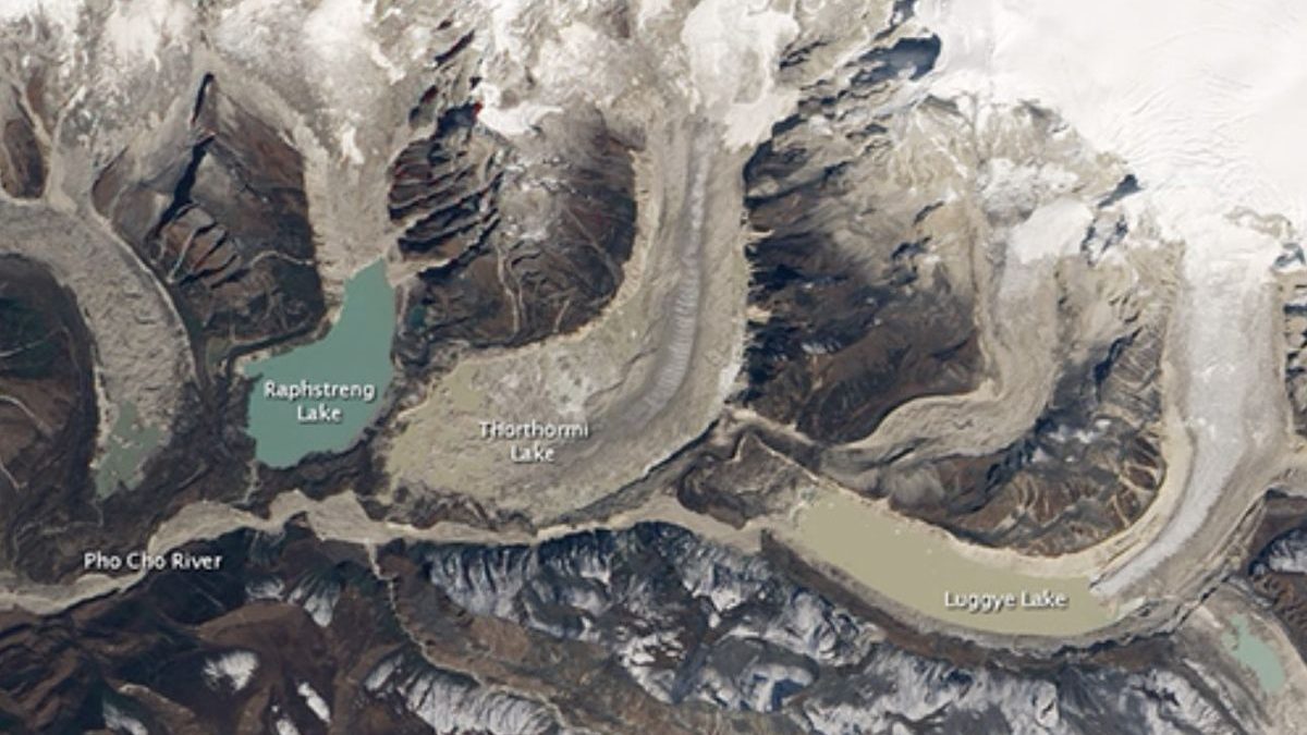 Satellite view of Thorthormi, Raphstreng and Luggye glacial lakes above the Pho Chu river, Bhutan