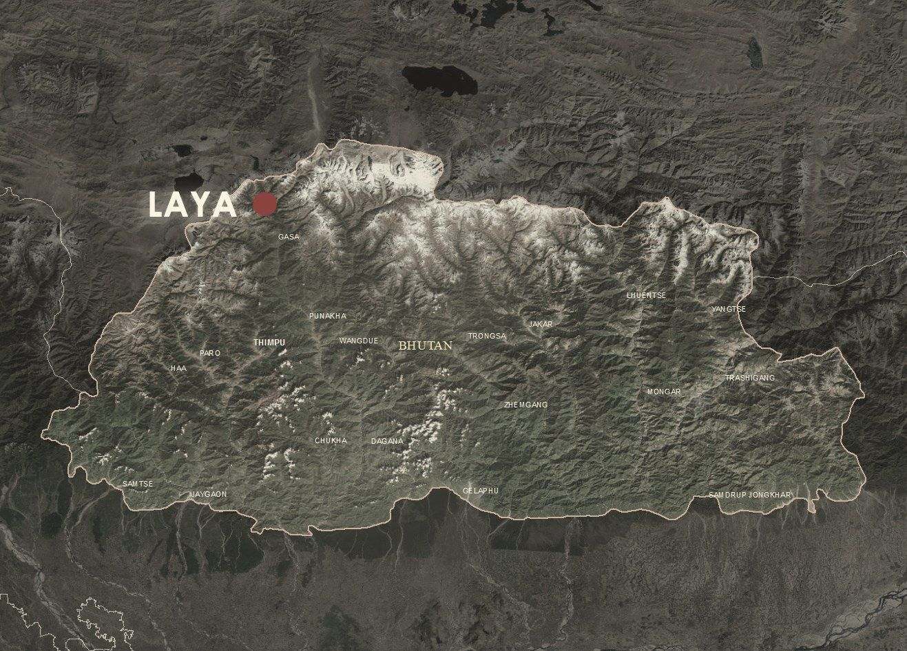 Map of Bhutan showing Laya in the far north of Gasa district, in the snow along the Tibetan border
