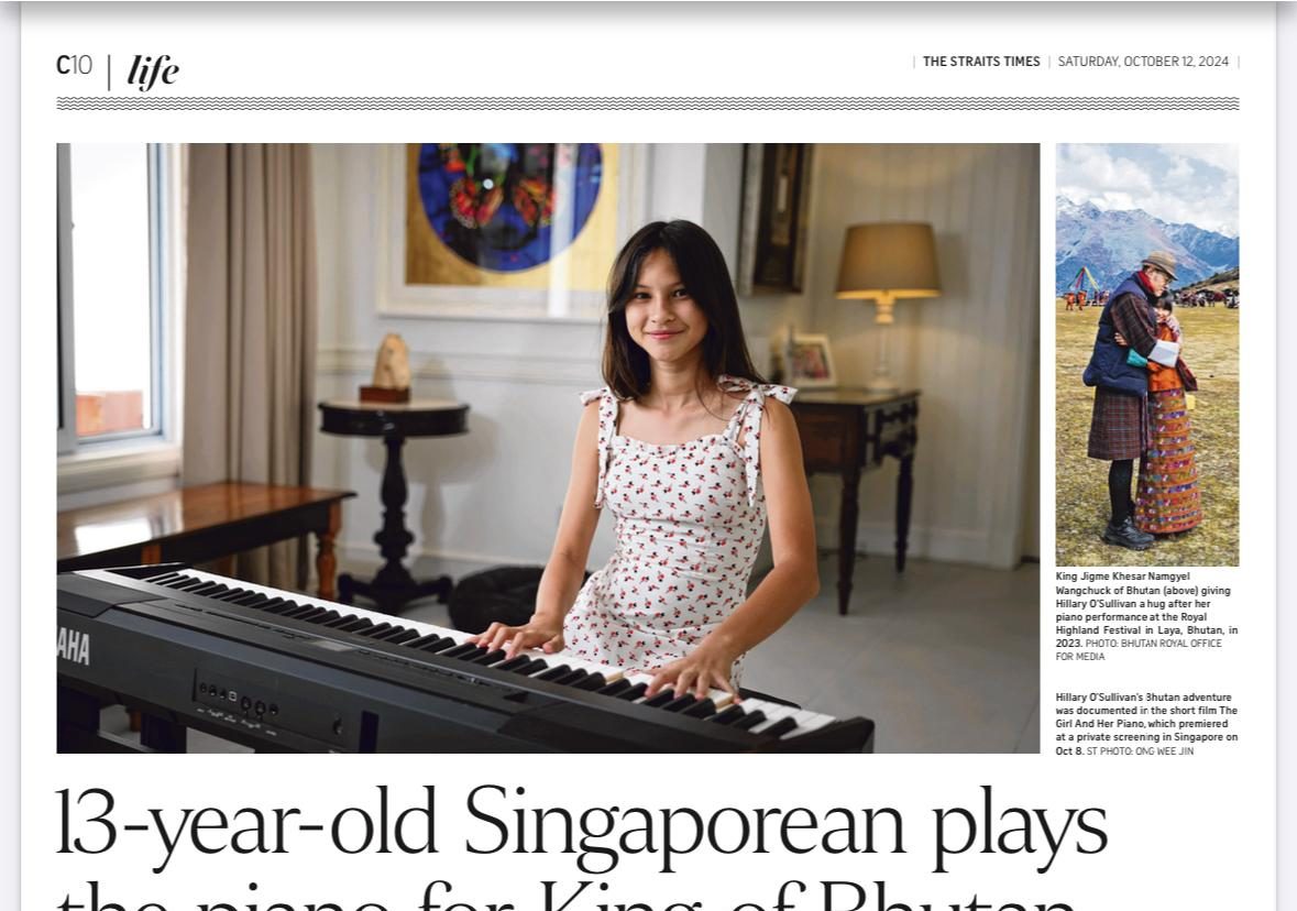 The Straits Times Life section, 12 October 2024, with the headline 13-year-old Singaporean plays the piano for King of Bhutan